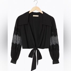 NWT Sublime Black Lace Sleeve Tie Front Blouse, Size L